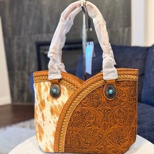 Montana West Tooled & Cowhide Whipstitch Tote Bag Brown